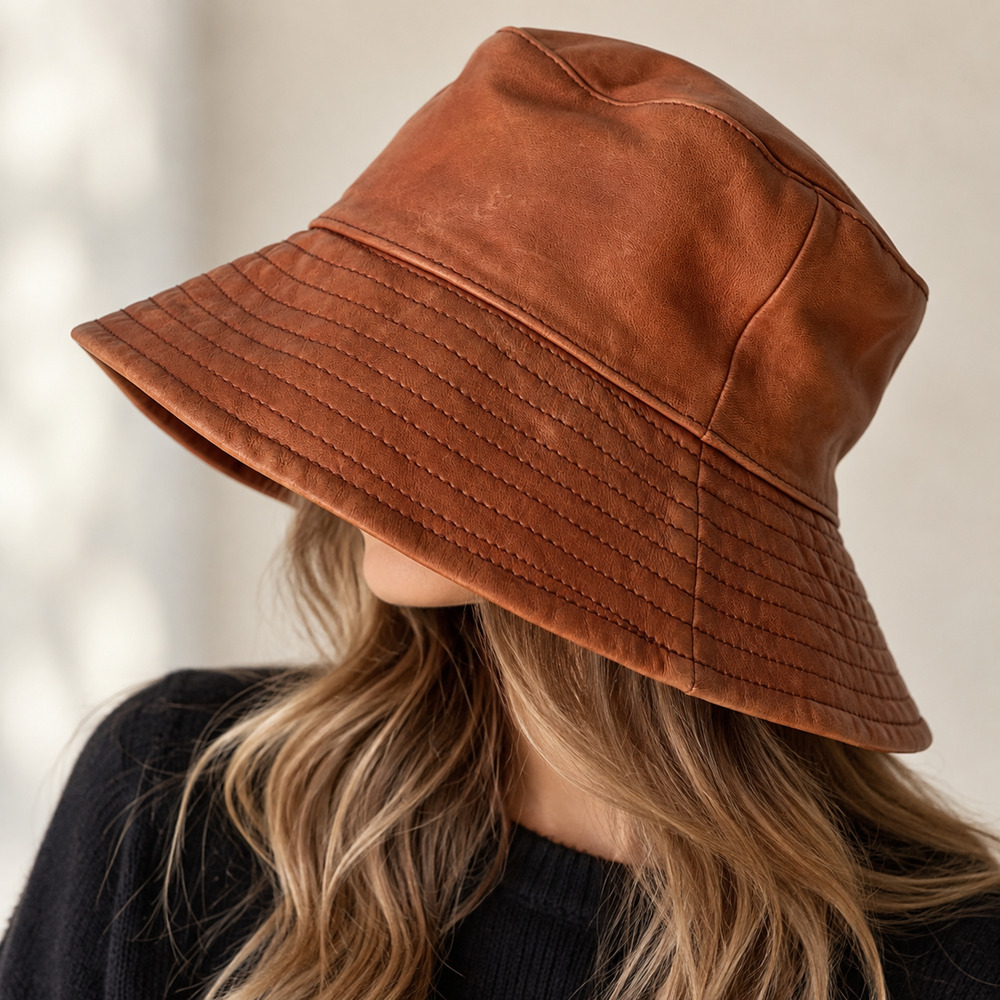 Wilsons Leather Pelle Studio Cognac Leather Bucket Hat L/XL Y2K